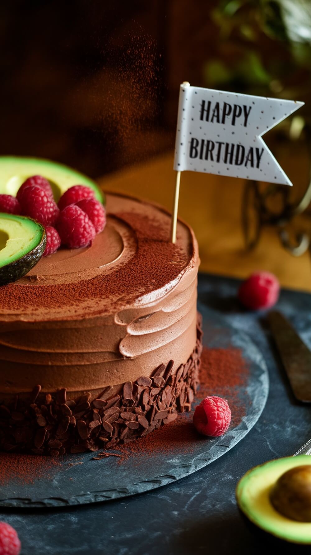 "Decadent chocolate avocado birthday cake with raspberry garnish and keto-friendly frosting on a slate surface."