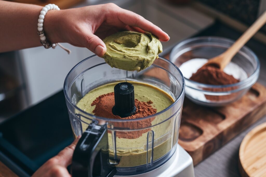 "Blending avocado and cocoa powder to create a smooth batter for a healthy chocolate birthday cake."