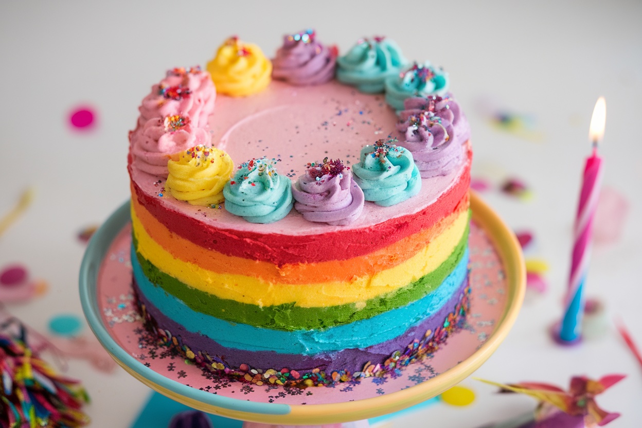 "Vegan rainbow layer cake with natural colors and vegan frosting, garnished with edible glitter and a candle."