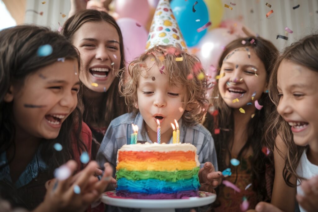 "Happy children celebrating a birthday with a vegan rainbow cake and colorful decorations."