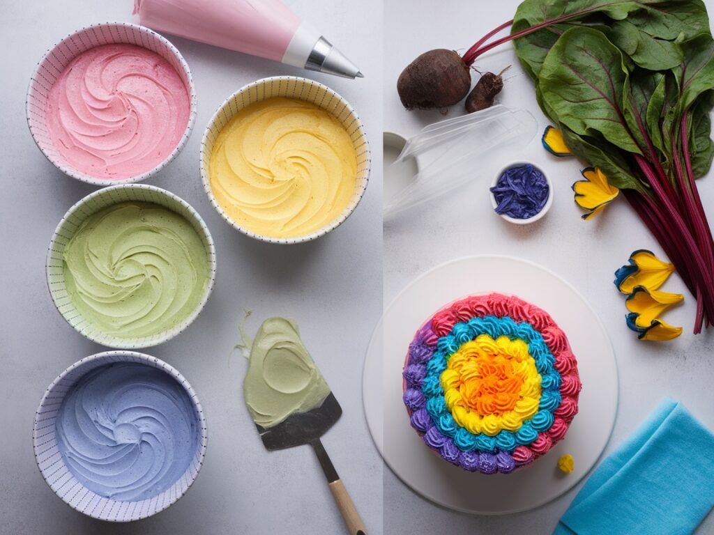 "DIY vegan rainbow cake setup with colored batters, natural dyes, and a frosted cake."

